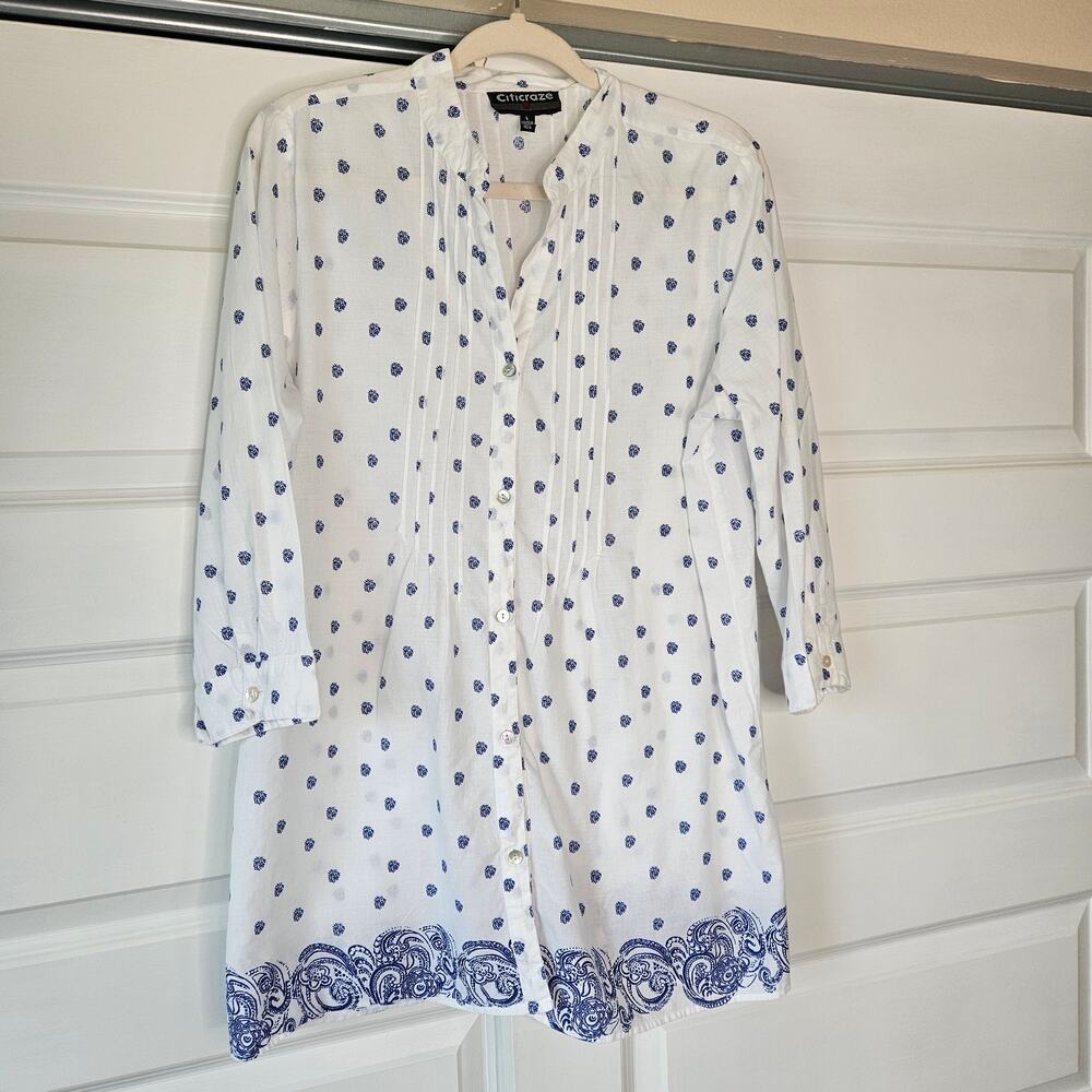 Citi Craze White Boho Tunic Top 100% Cotton Blue Paisley Border Size L
